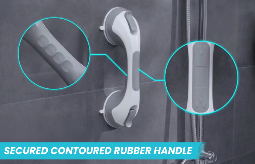 StableGrip suction safety handle locked onto grey shower tile