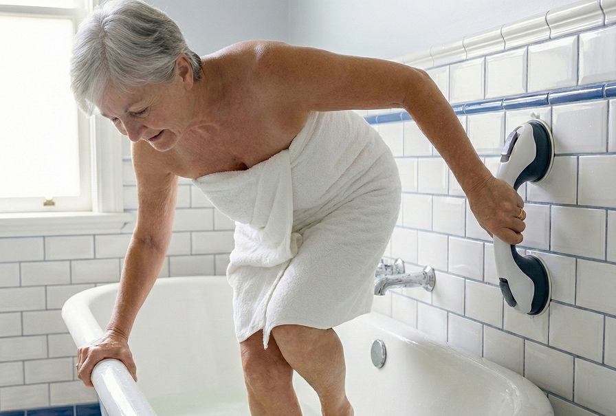 Older woman steadying herself on a suction bathroom handle beside a bath