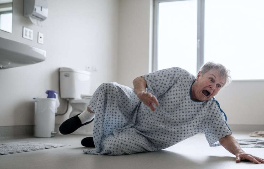Older adult on a bathroom floor after a slip, illustrating bathroom fall risk